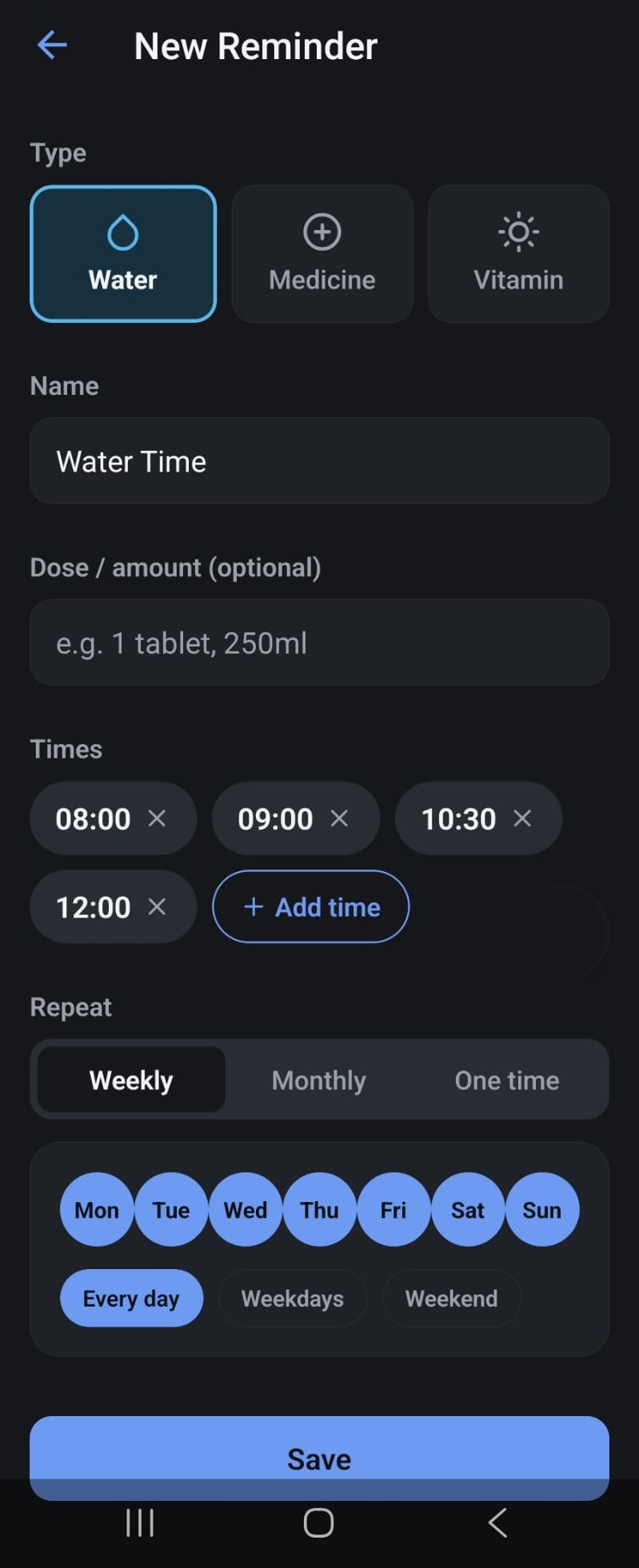 New reminder screen